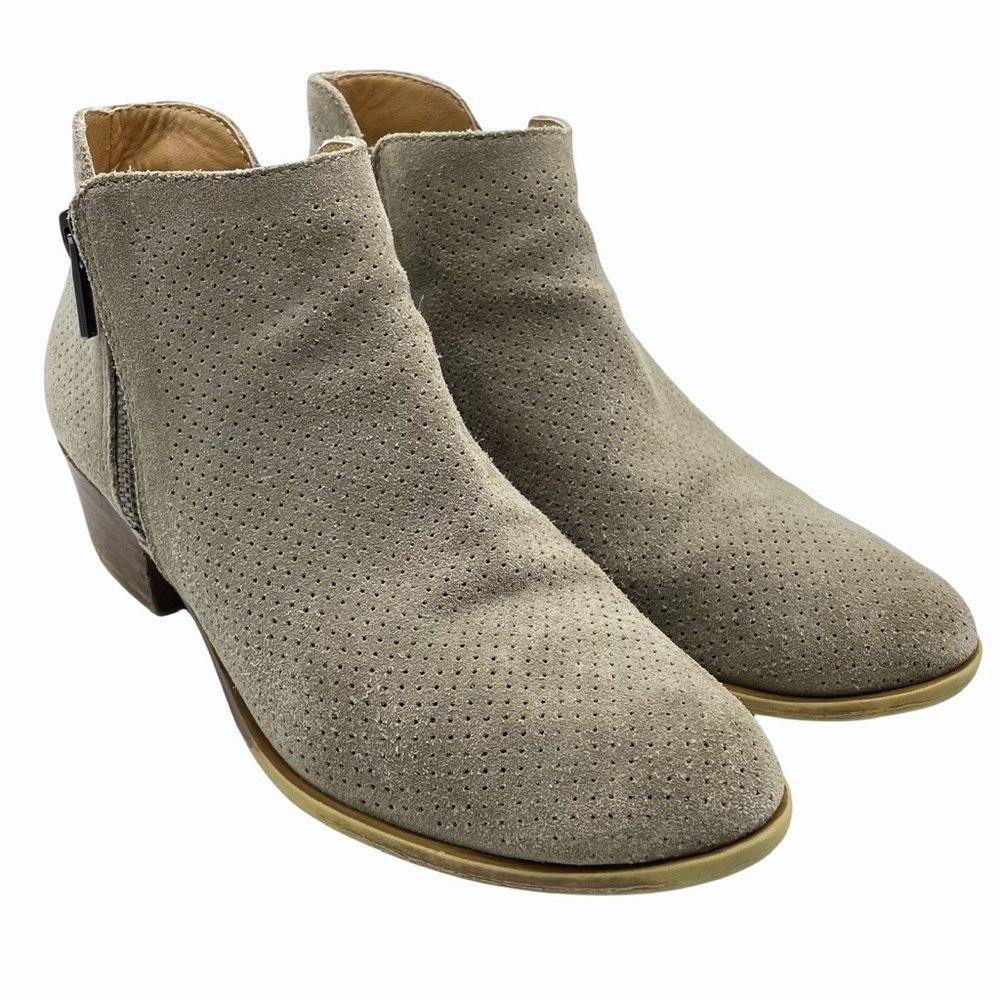 Lucky Brand Leather Suede Almond Toe Ankle Boots Side Zip Taupe Beige Women 7